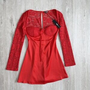 Fashion Nova Dress "All Yours" Red Satin Mini Long Sleeve Lace Size Small NWT